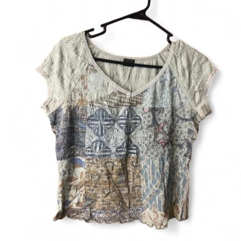 Vintage Women's medium Patchwork Pointelle Knit Top V-Neck Lace Trim USA